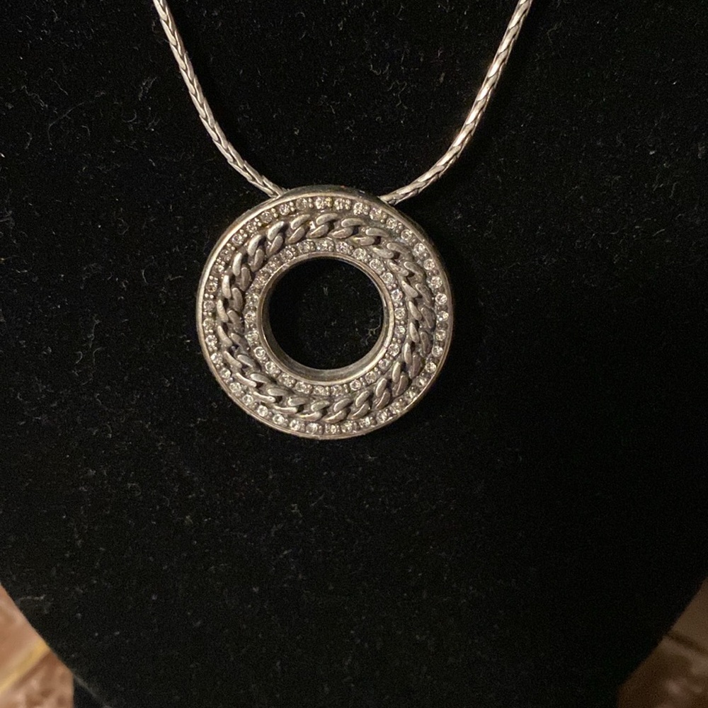 Brighton vintage Chain Reaction silver crystal etched‎ circle pendant necklace